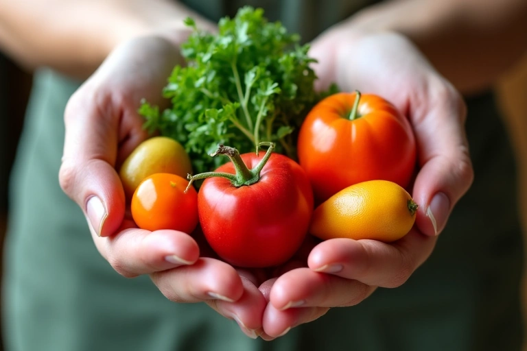 Manos sosteniendo una variedad de vegetales frescos y coloridos